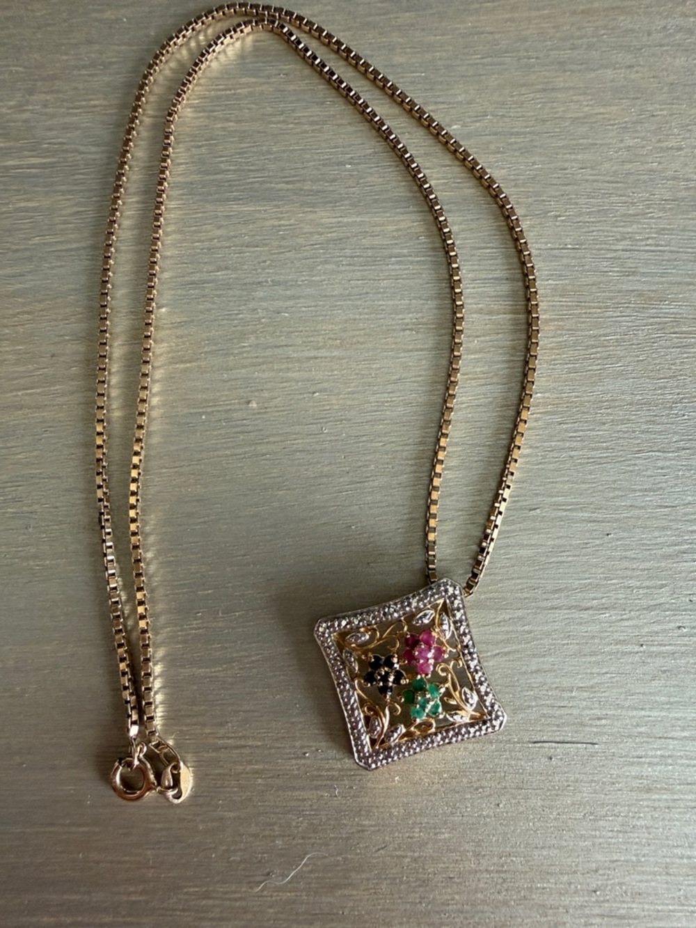 Floral Gemstone Square Pendant Necklace - Women Jewelry marked 925